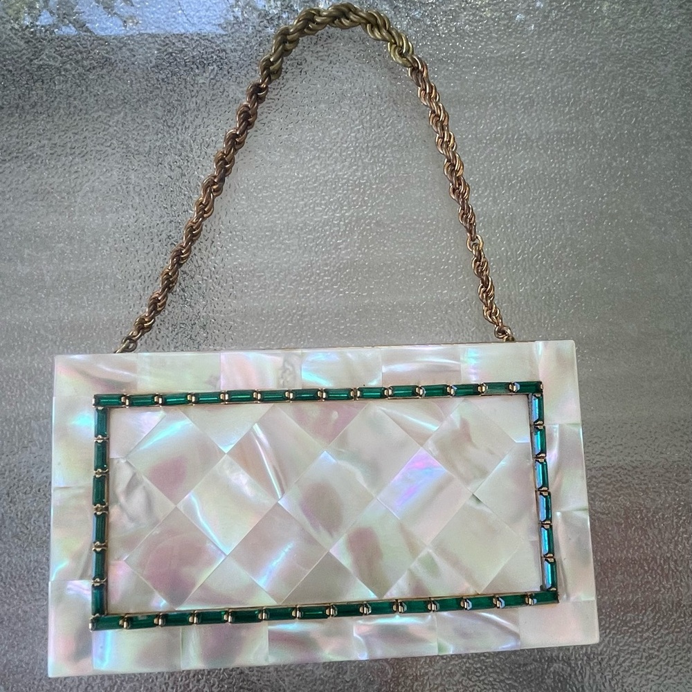 Vintage Evans Mother of Pearl Evening Clutch Compact Wristlet Handbag 1950s